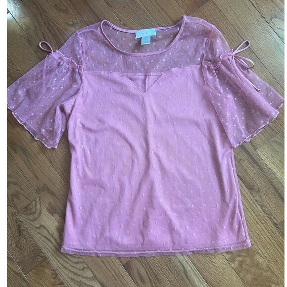 Emma & Olive Swiss Dot Mesh Overlay Top Sweetheart Neck Bell Sleeve Pink size XL - Picture 11 of 11